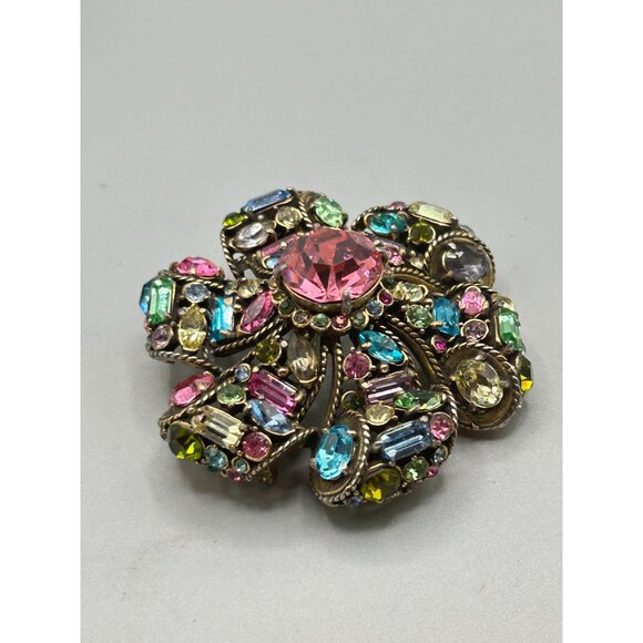 Vtg Hollycraft Pin Brooch Flower Glowing Green Stones Pink Pastels Rhinestones - Picture 3 of 8